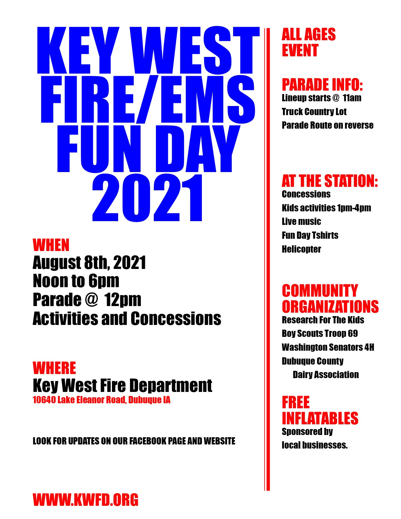 Fun Day Flyer Information: August 8, 2021 Noon-6pm All Ages Event, Parade at noon, Activities and concessions to follow.